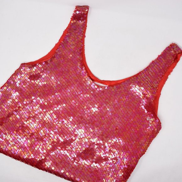 Jeanette for St Martin Sport Sequin Top Women Small Red Sleeveless Lined Disco - Picture 8 of 10